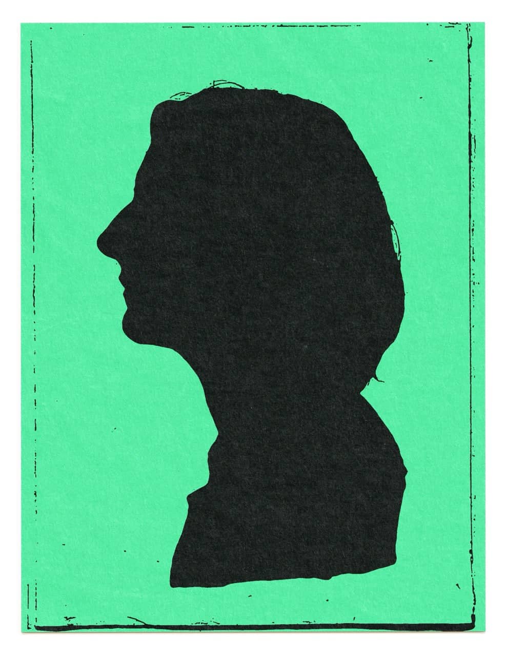 Black silhouette portrait of a person with shoulder-length hair against a mint green background.