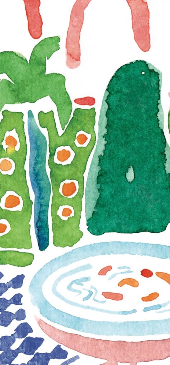 A watercolor illustration of a bowl filled with colorful, abstract food elements.