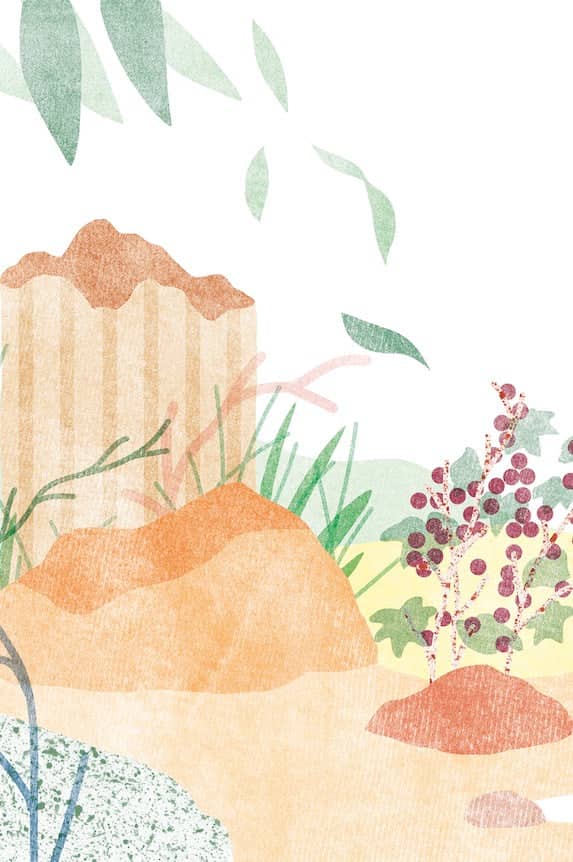A watercolor illustration of a stylized, earthy-toned landscape with soft green leaves and clusters of red berries.