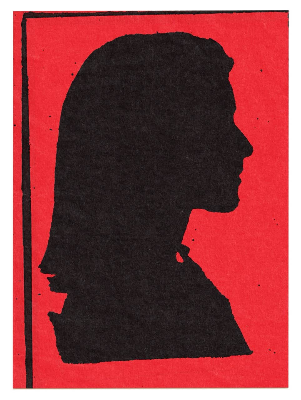 Black silhouette portrait of a woman with shoulder-length hair against a vibrant red background.