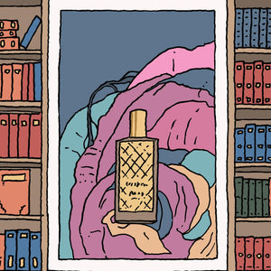 Perfume bottle with a gold cap and crosshatch pattern.