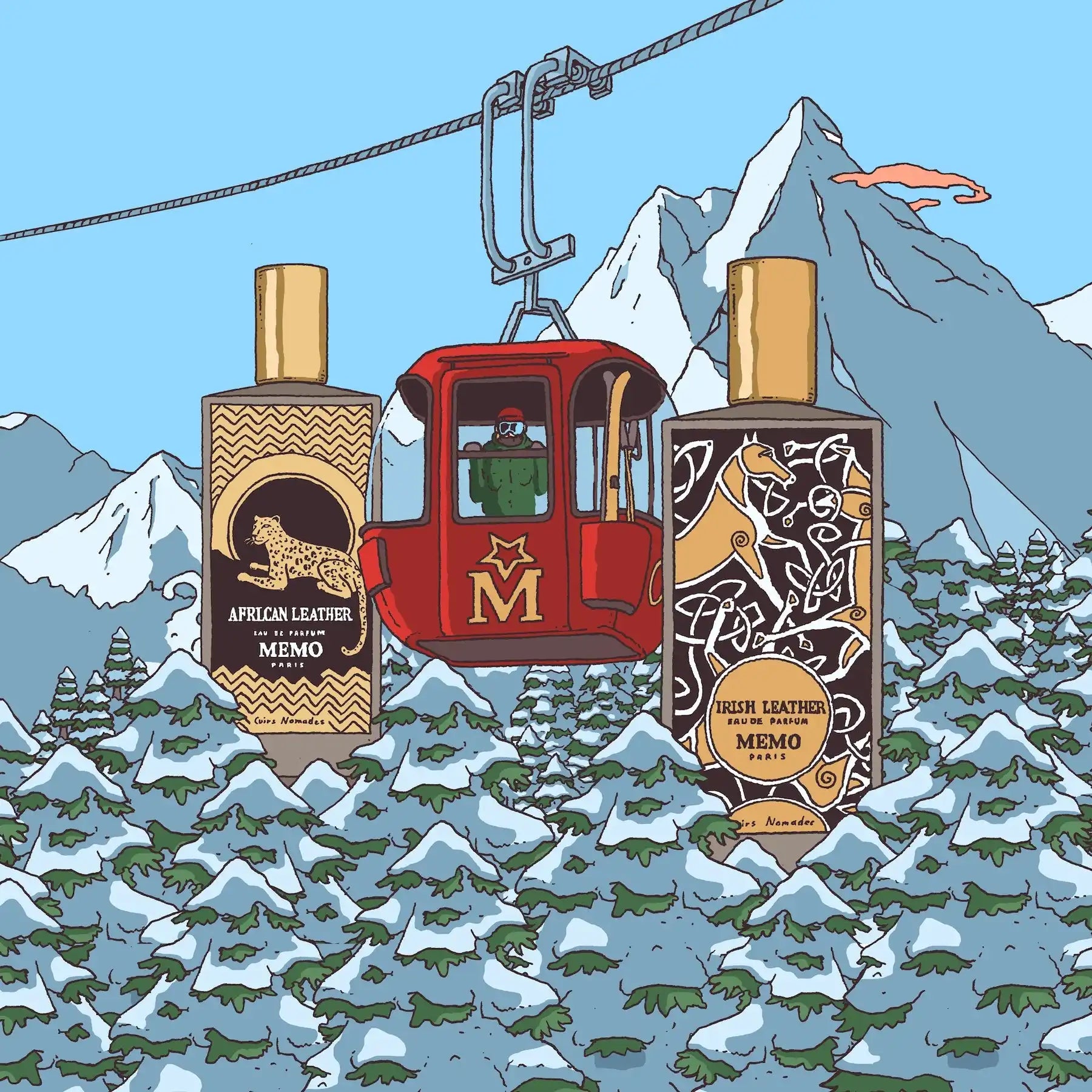 Perfume bottles and ski lift.