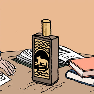 Rectangular bottle with a lion emblem.