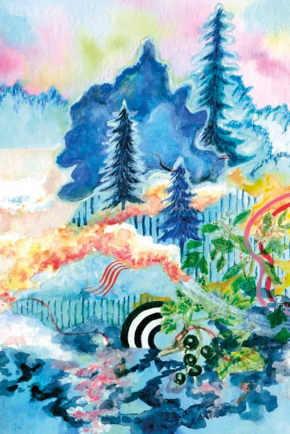 A vibrant watercolor landscape painting featuring stylized evergreen trees, swirling abstract patterns in warm and cool tones, and a bold black-and-white striped circular element.