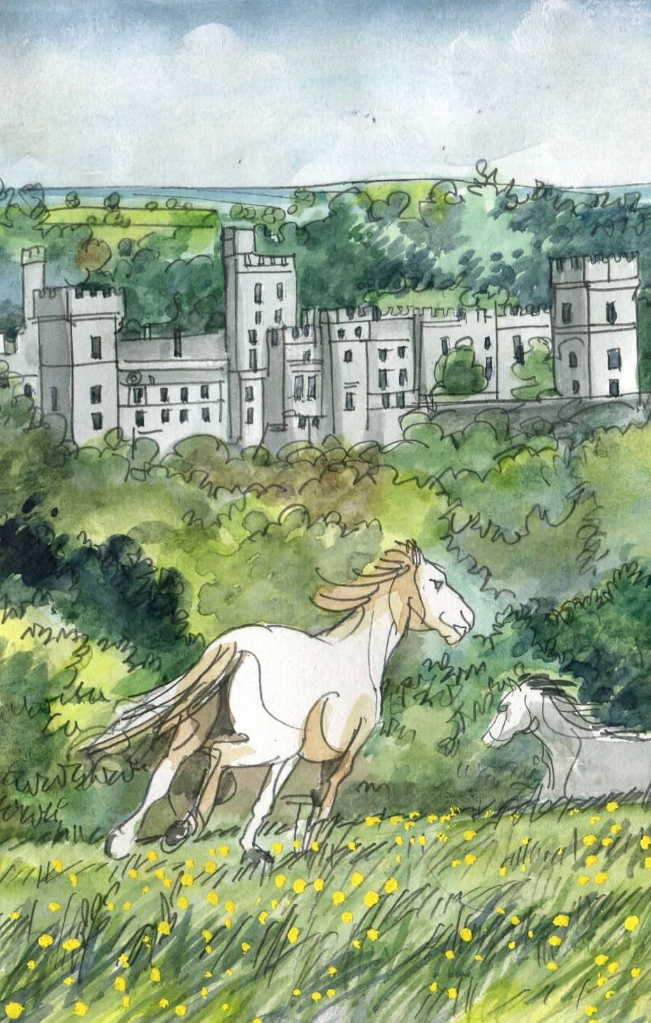 A white horse with a flowing mane and tail gallops through a vibrant green field dotted with yellow flowers, set against the backdrop of an ancient stone castle.